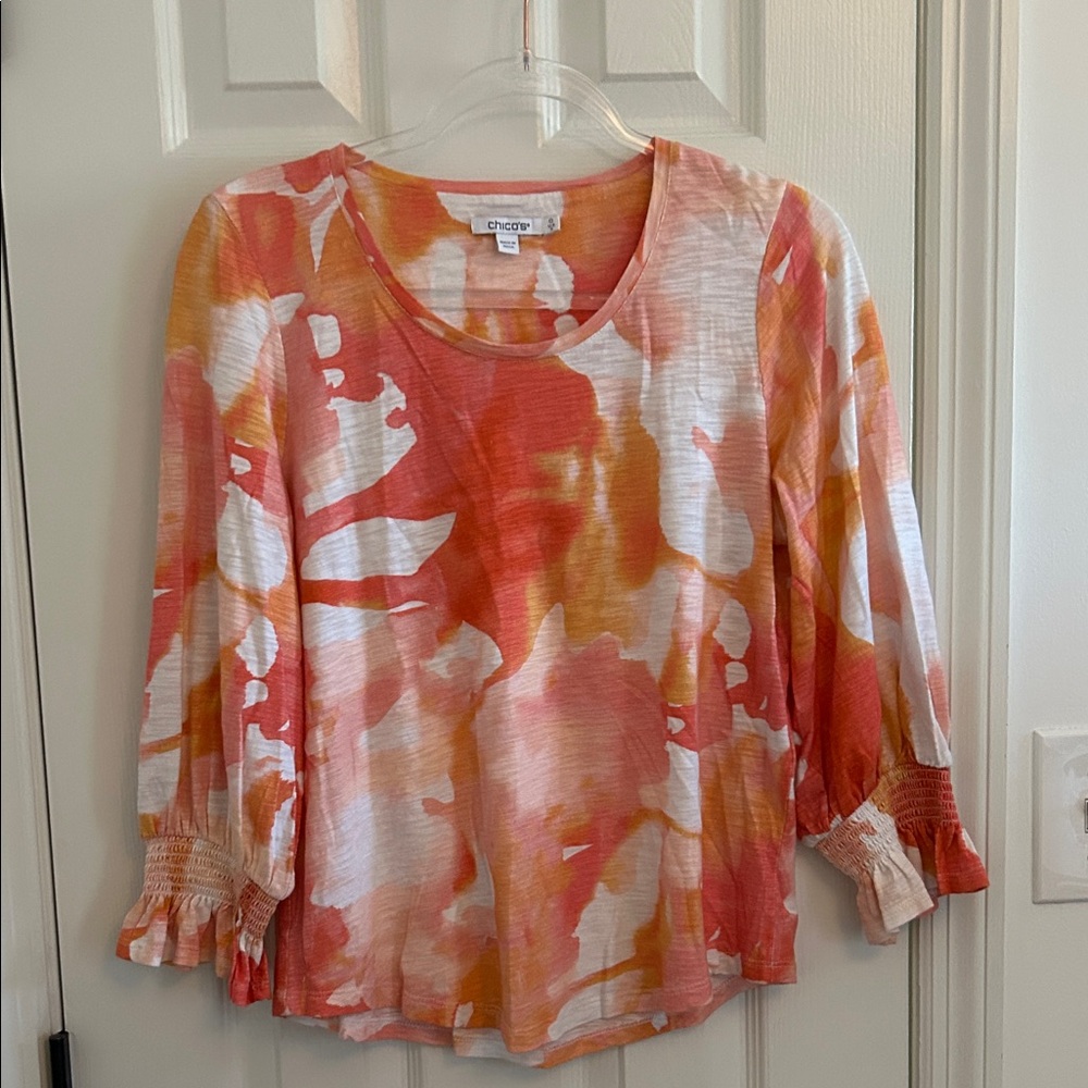 Chico's 3/4 Sleeve Tie-Dye Top - Coral and Pink